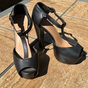 Black T-Strap Platform Peep-Toe High Heels Daily Shoes 8 black